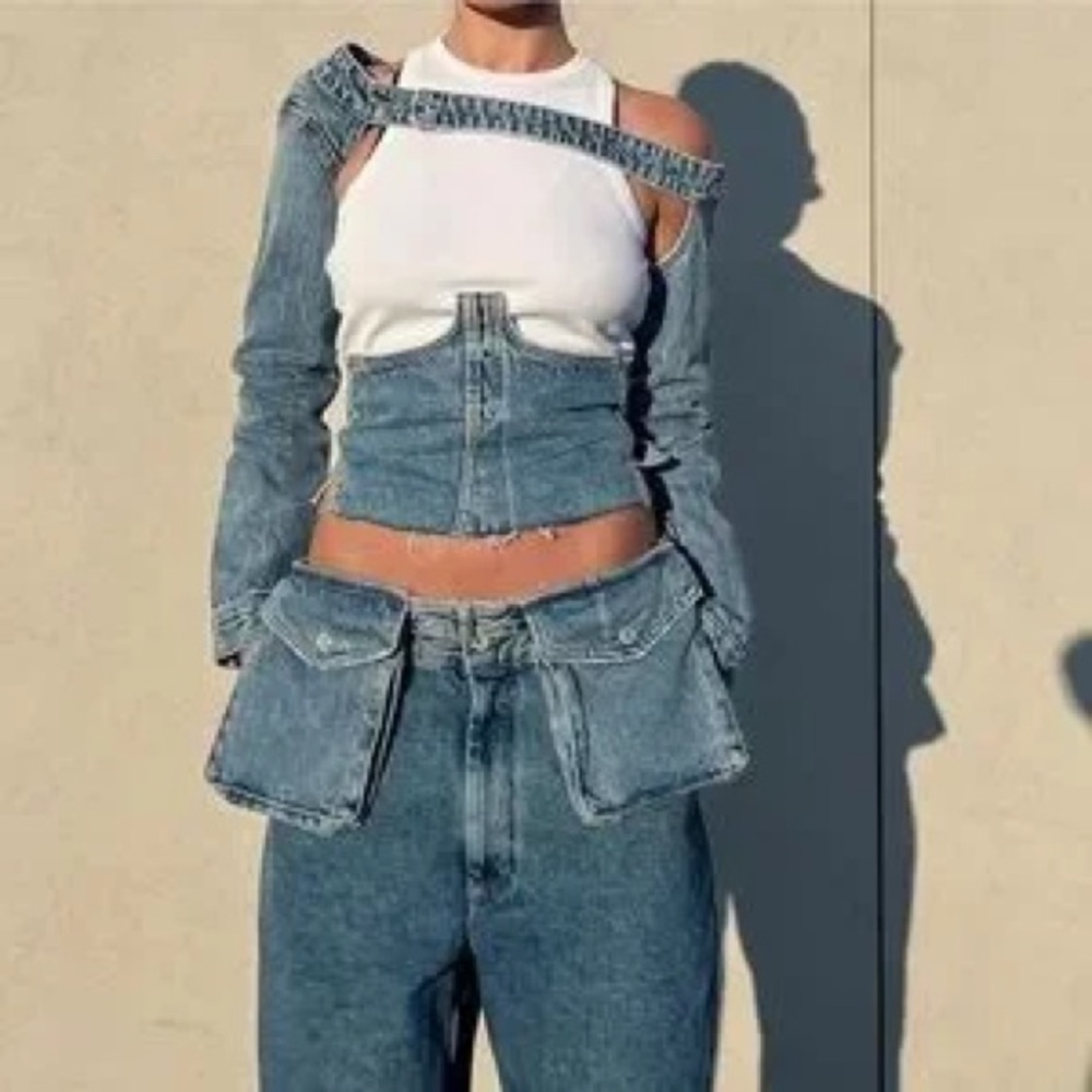 ZARA Denim Lace-Up Corset Top | Raw Edge Jean Bustier | Y2K Festival Size S NWT - Picture 3 of 10